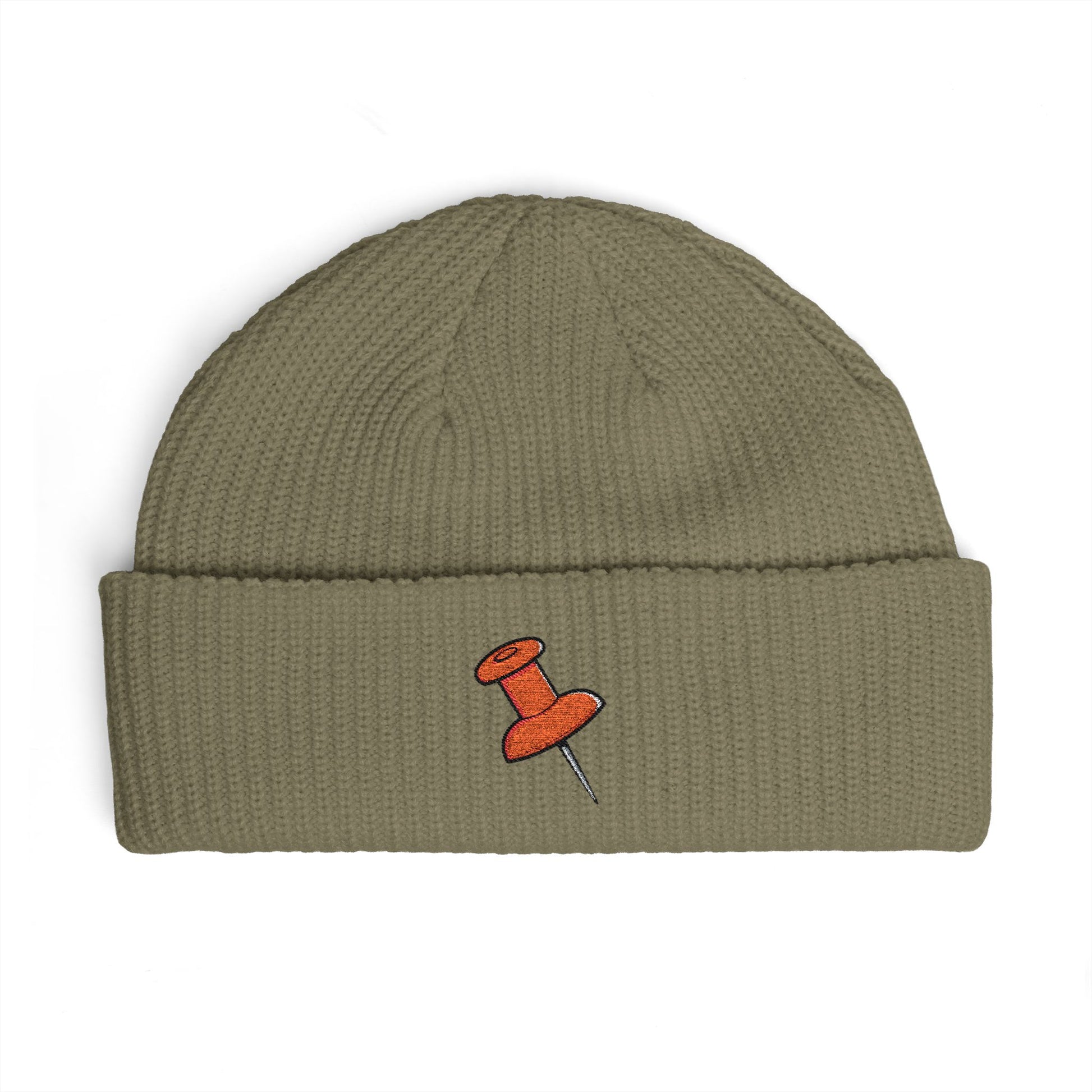 Cuff Beanie with Orange Pushpin Embroidery – Casual Streetwear Knit Hat Hats Printify One size Eucalyptus