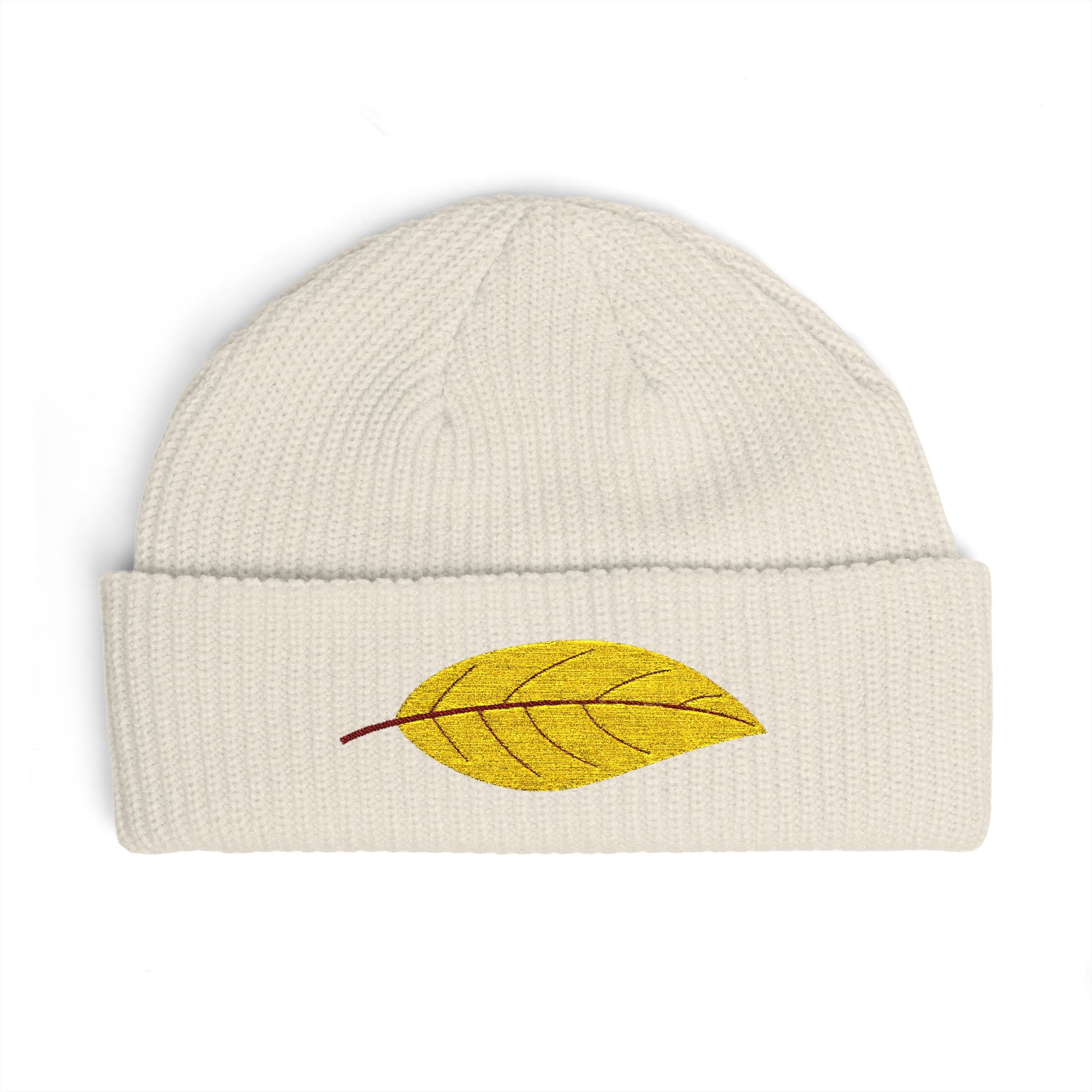 Embroidered Golden Leaf Cuff Beanie Hats Printify One size Ecru