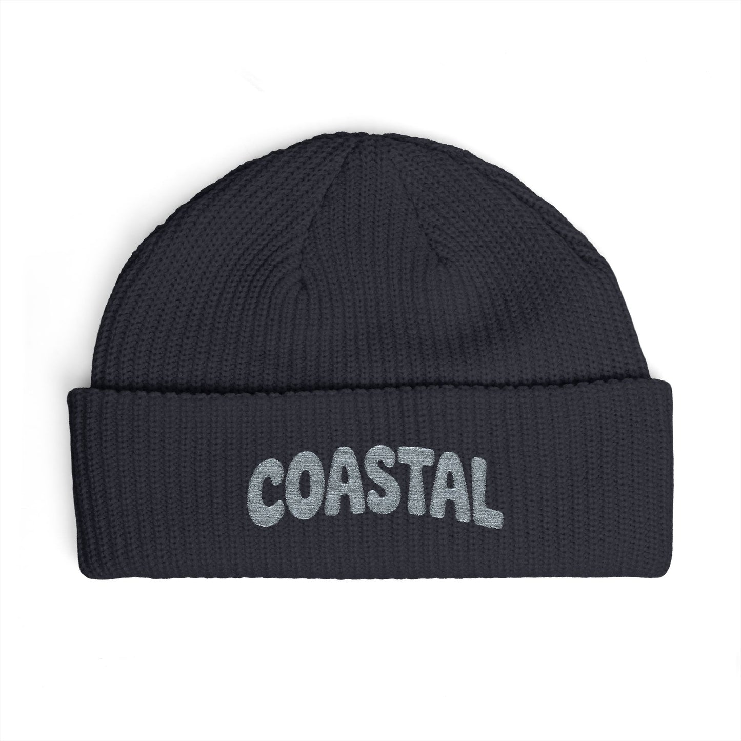 Coastal Cuff Beanie — Knit Winter Hat with 'COASTAL' Embroidered Seaglass Script Hats Printify One size Navy