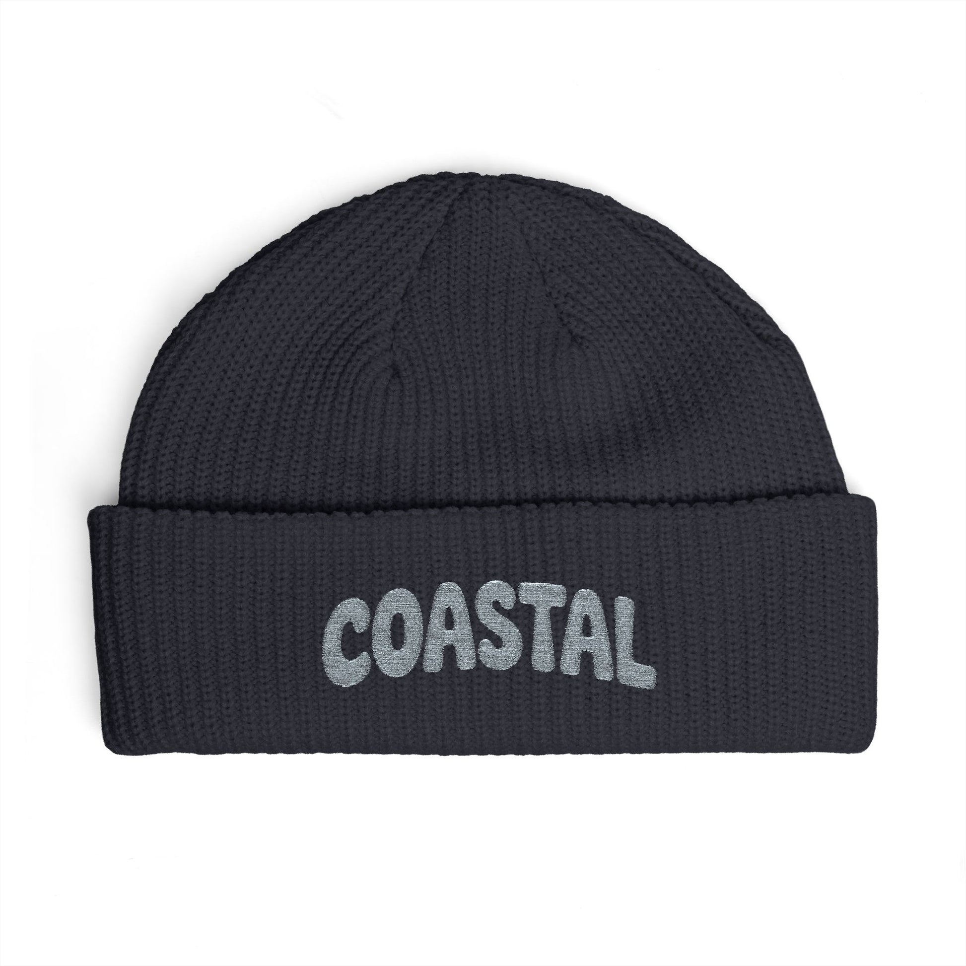 Coastal Cuff Beanie — Knit Winter Hat with 'COASTAL' Embroidered Seaglass Script Hats Printify One size Navy