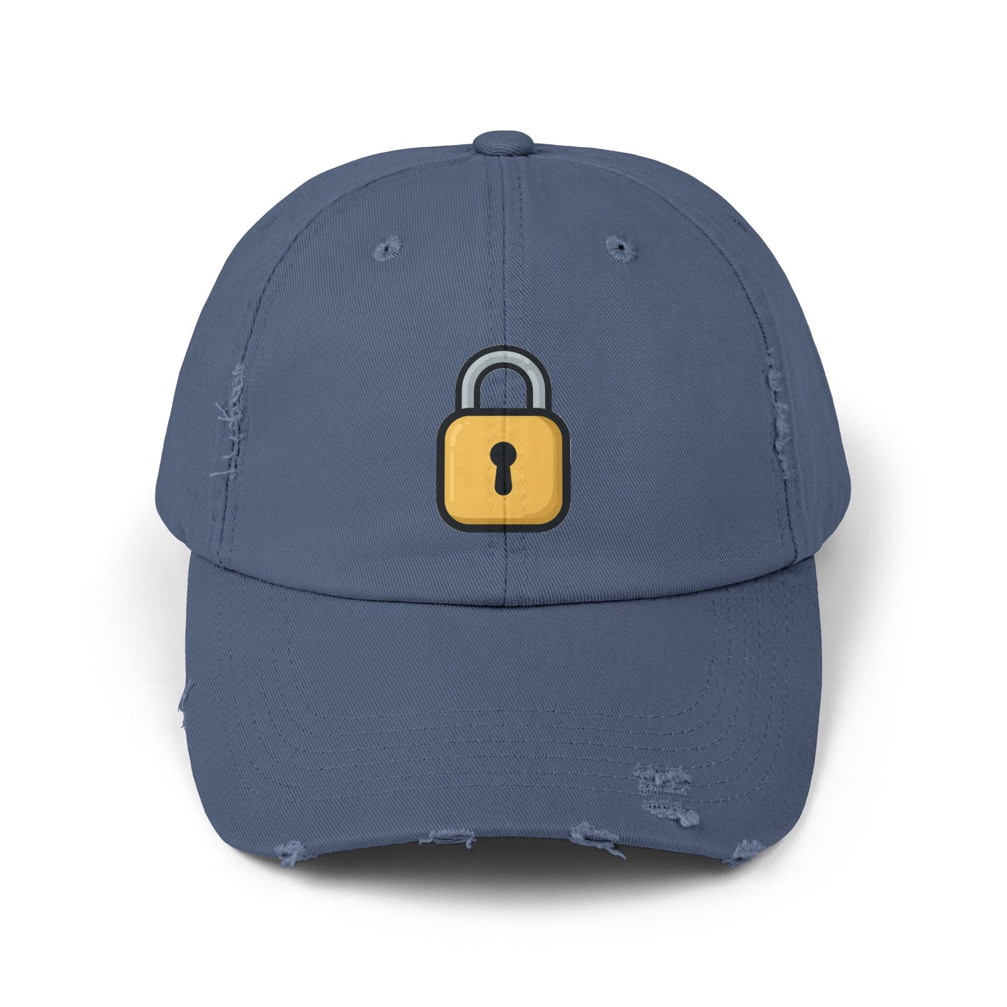 Padlock Distressed Cap — Minimal Lock Embroidered Baseball Hat Hats Printify Scotland Blue One size