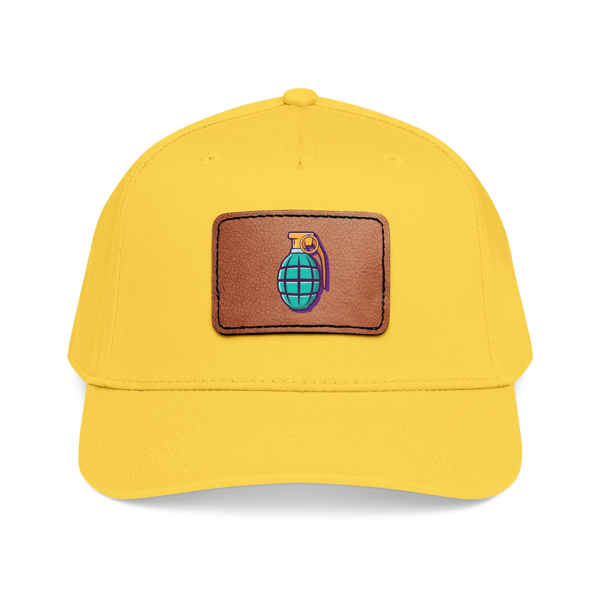 Leather Patch Baseball Cap — Retro Grenade Patch Hat Hats Printify One size Yellow / Light Brown patch Rectangle