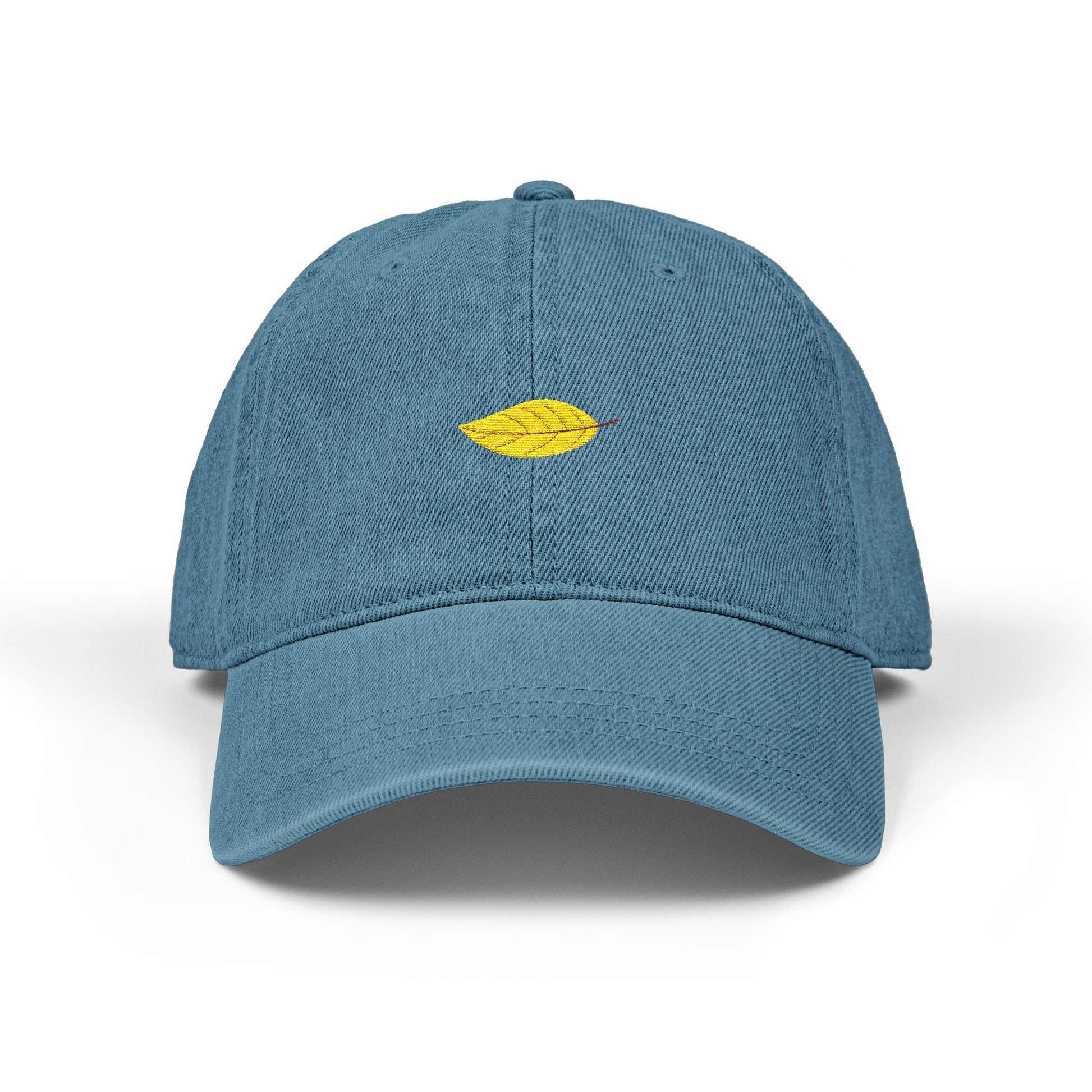 Embroidered Yellow Leaf Denim Hat — Minimal Nature Baseball Cap Hats Printify One size Blue