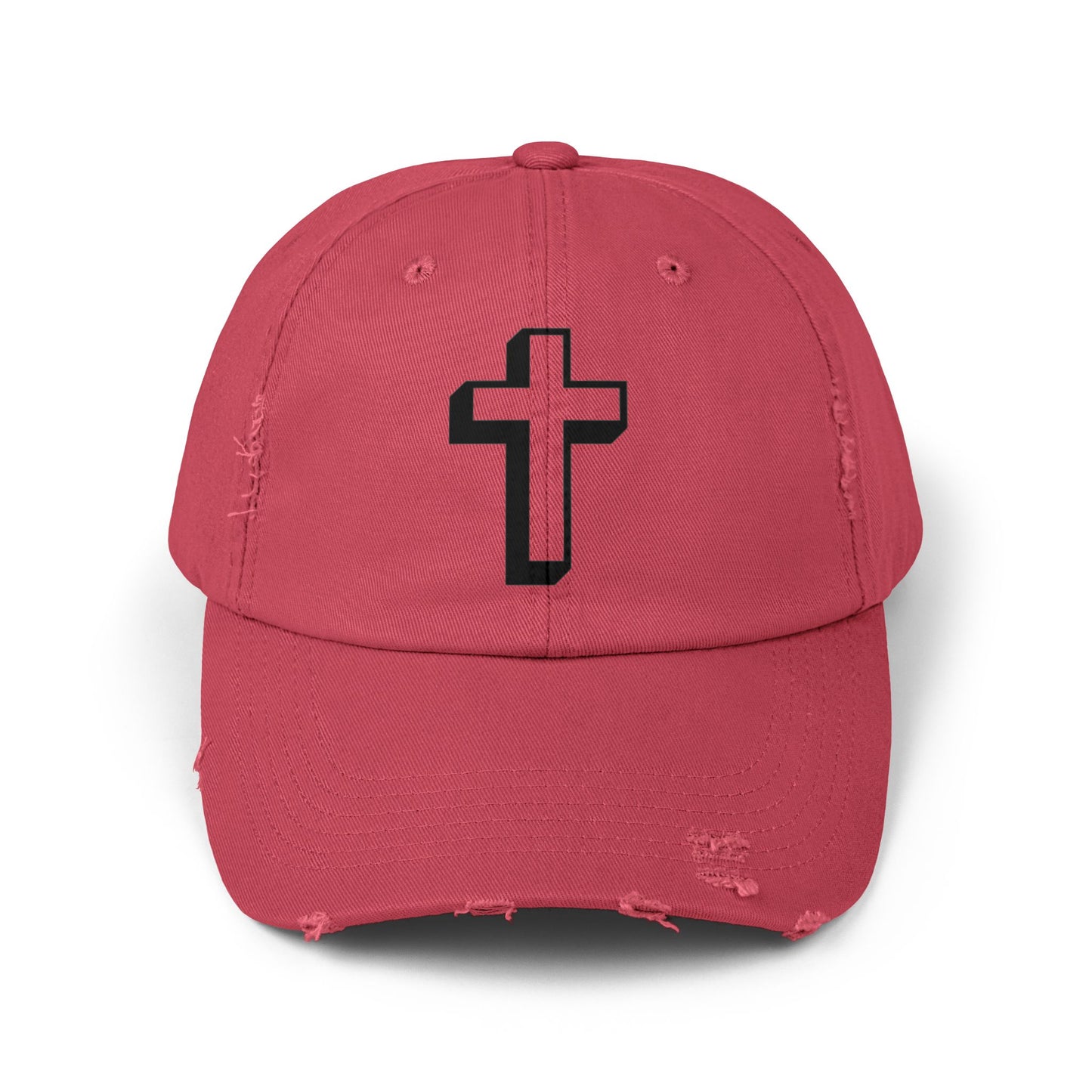 Distressed Black Cross Cap — Vintage Christian Baseball Hat Hats Printify Dashing Red One size