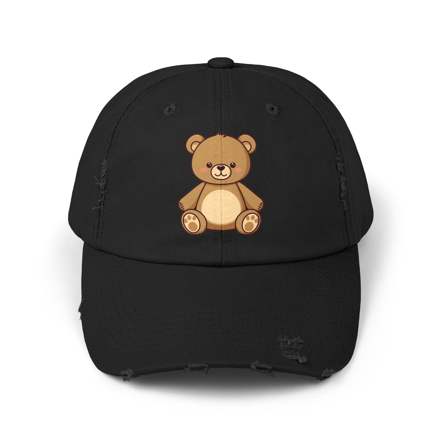 Teddy Bear Distressed Cap — Cute Retro Plush Hat for Casual Wear Hats Printify Black One size