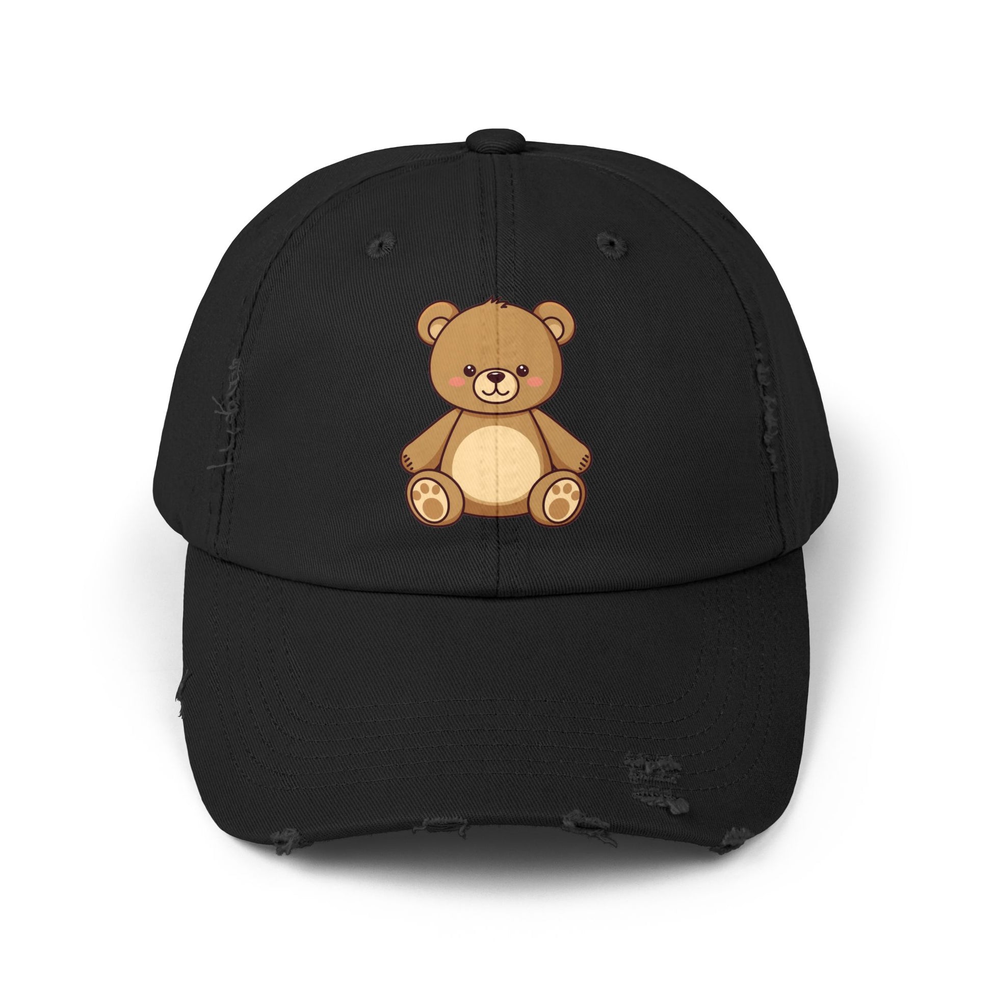 Teddy Bear Distressed Cap — Cute Retro Plush Hat for Casual Wear Hats Printify Black One size