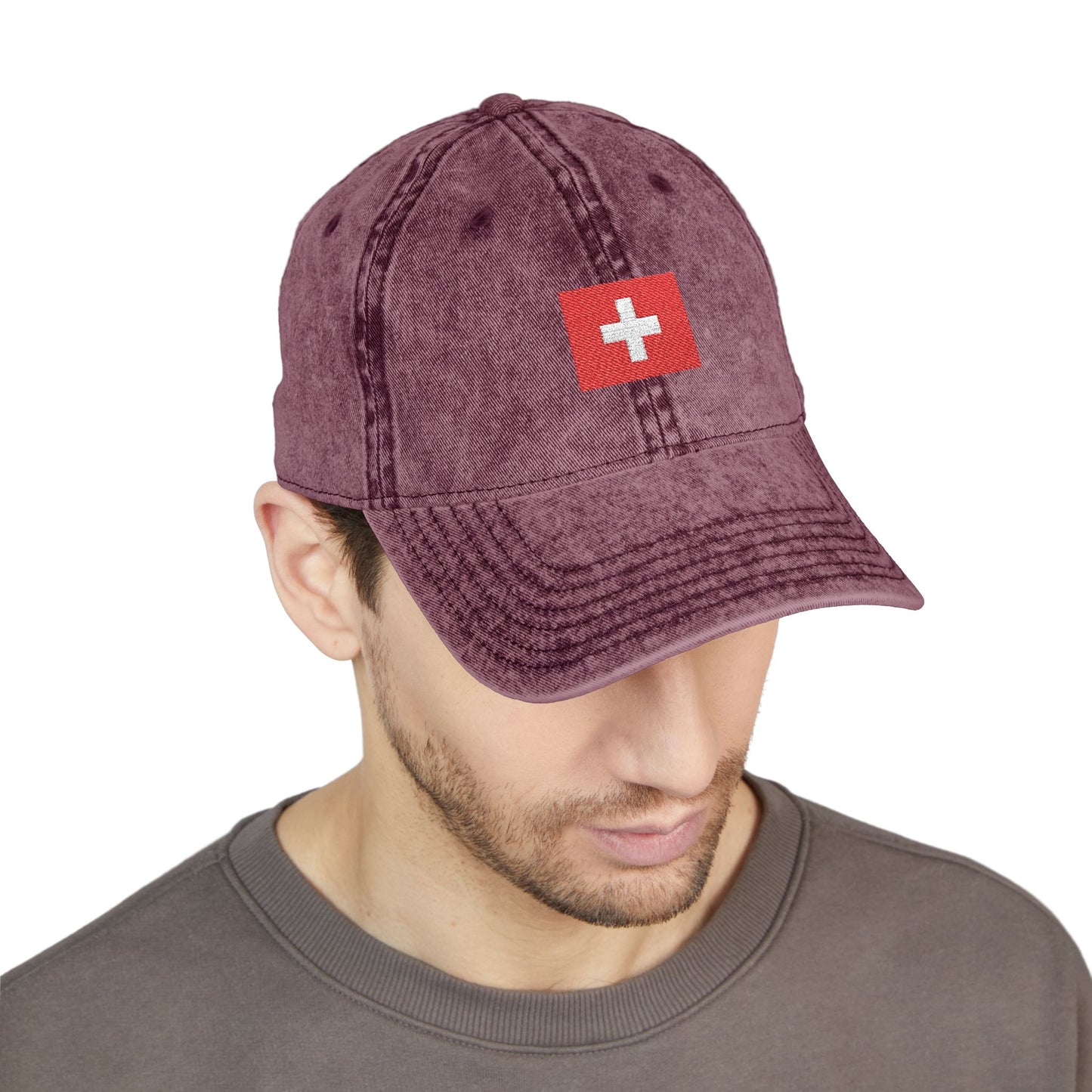 Red Vintage Embroidered Cross Cap - Washed Baseball Hat Hats Printify