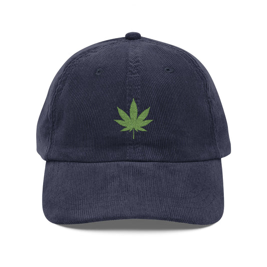 Corduroy Embroidered Leaf Cap — Vintage Hemp Leaf Dad Hat Hats Printify Navy Blue One size