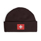 Swiss Cross Cuff Beanie — Embroidered Red Flag Patch Winter Hat Hats Printify One size Plum