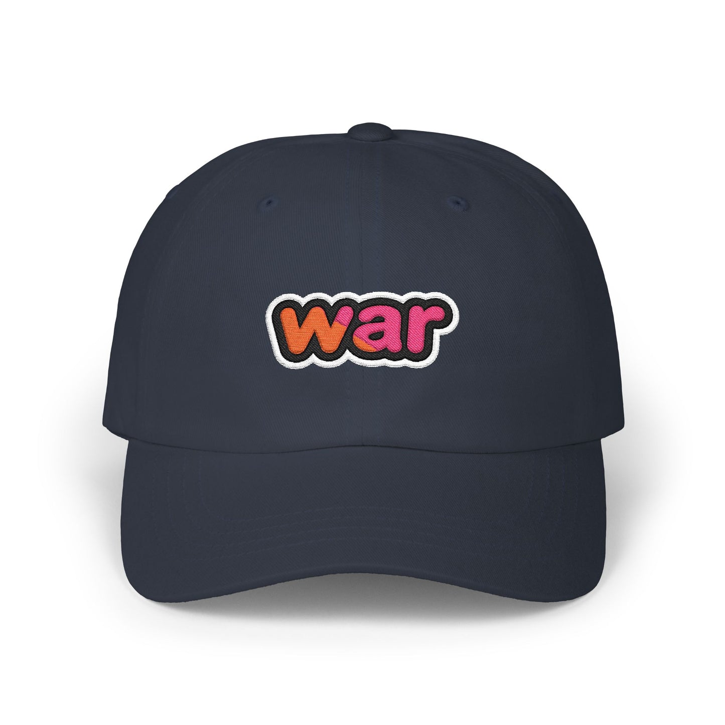 Dad Cap — White Embroidered "war" Patch Hat Hats Printify Navy One size