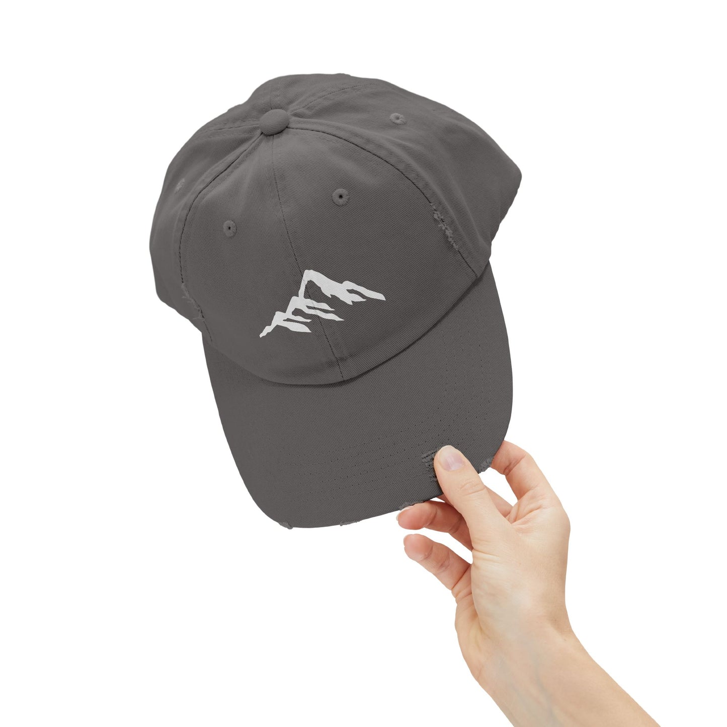 Distressed Mountain Hat — Minimal White Peak Embroidered Cap