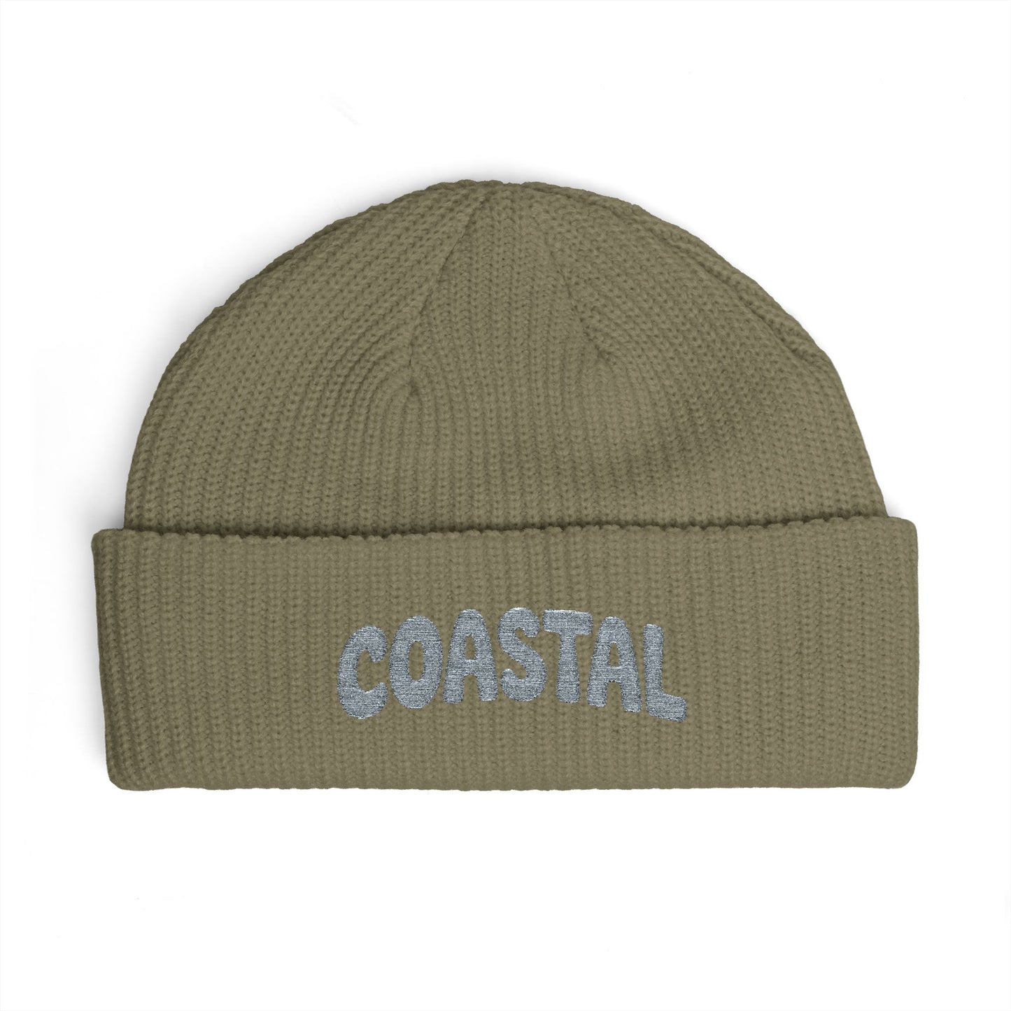 Coastal Cuff Beanie — Knit Winter Hat with 'COASTAL' Embroidered Seaglass Script Hats Printify One size Eucalyptus