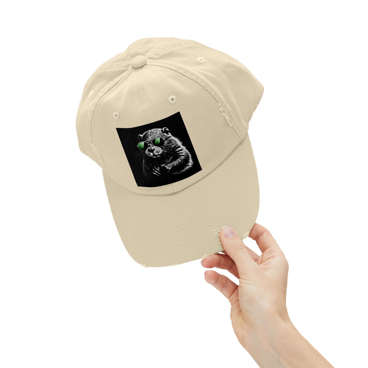 Distressed Cap — Cool Raccoon with Green Sunglasses Hat