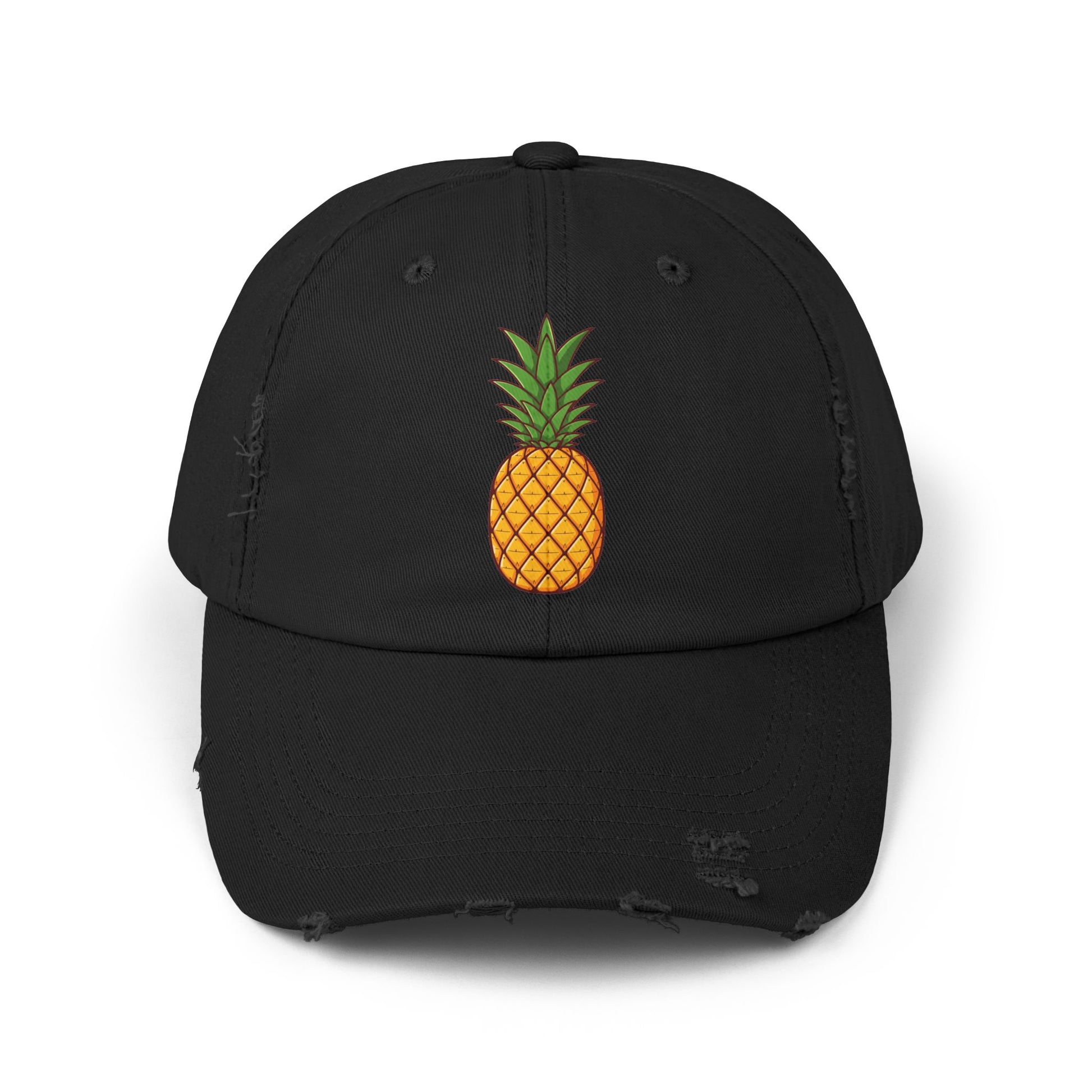 Distressed Pineapple Cap — Retro Embroidered Fruit Hat Hats Printify Black One size