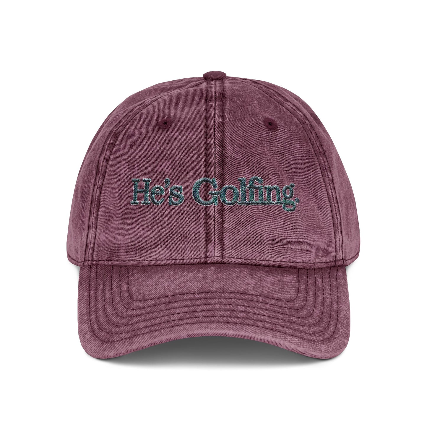 He’s Golfing Embroidered Vintage Cap — Washed Red Golf Dad Hat