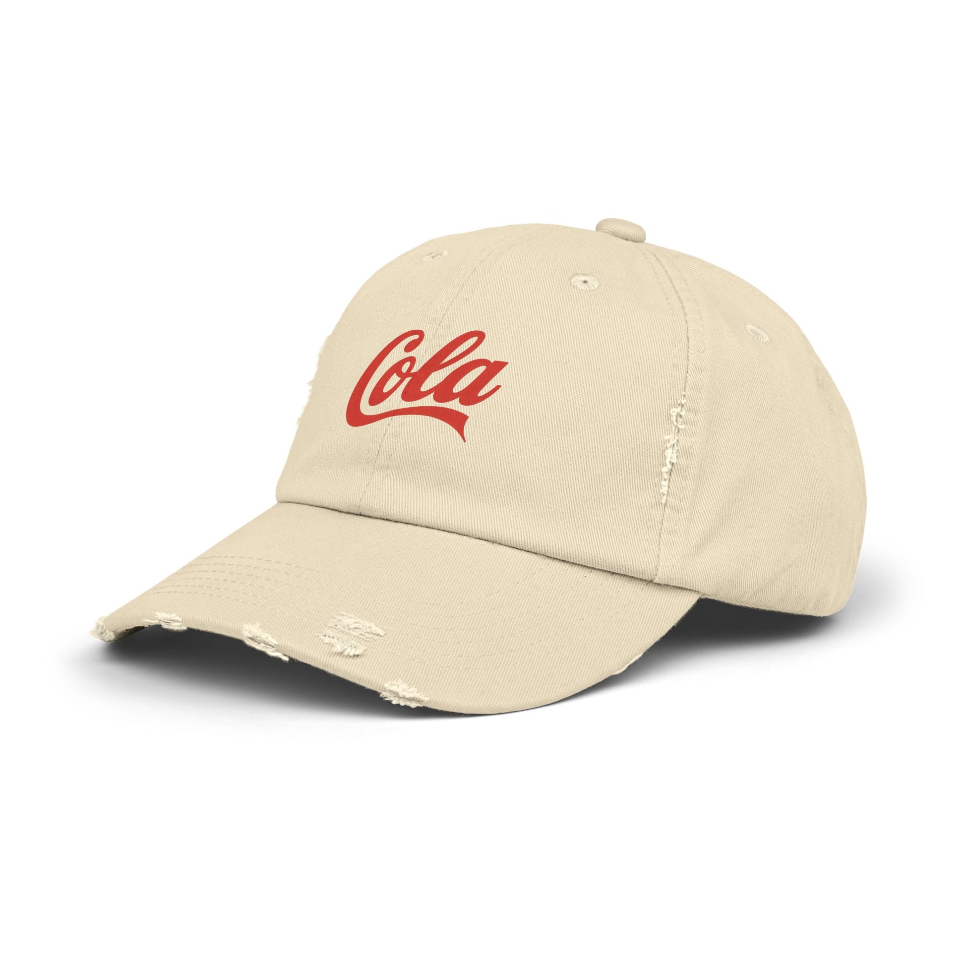 Distressed 'Cola' Vintage Baseball Cap – Retro Script Logo Hat Hats Printify