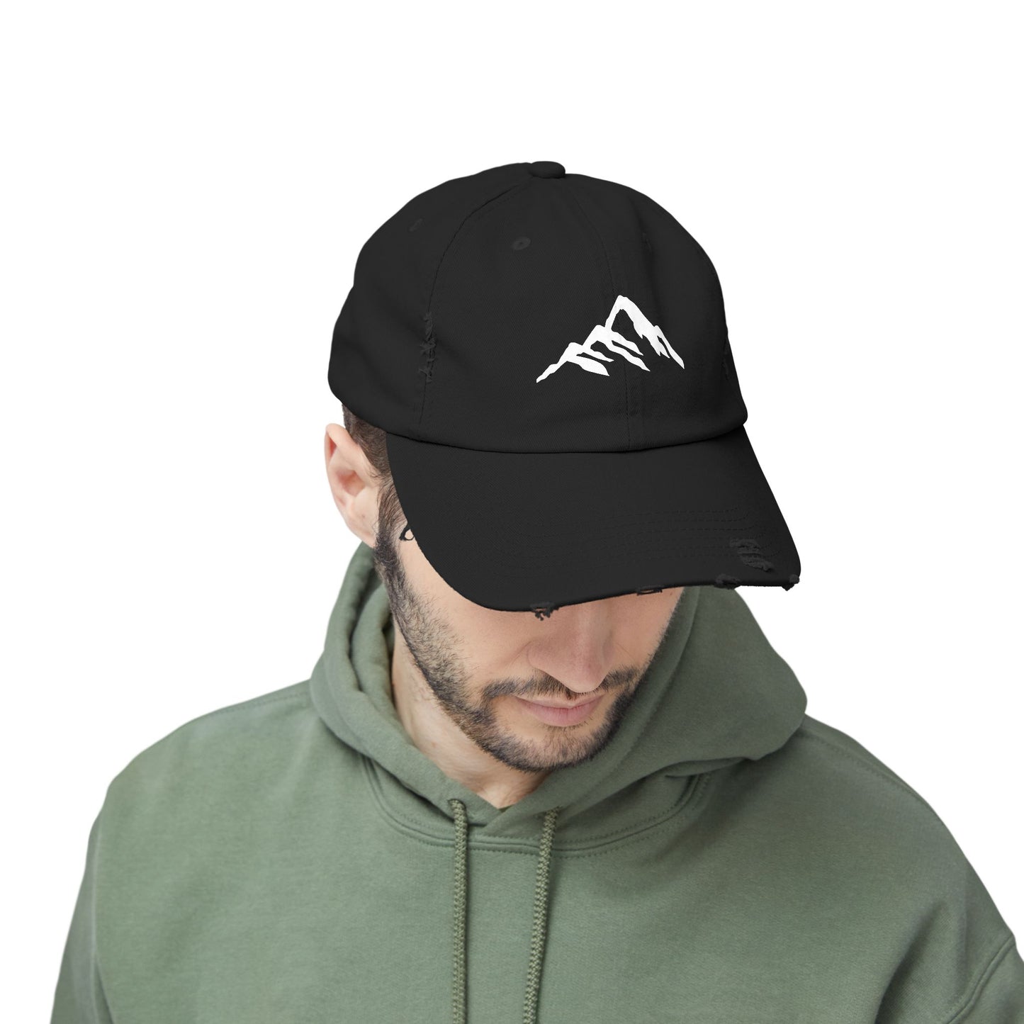 Distressed Mountain Hat — Minimal White Peak Embroidered Cap Hats Printify