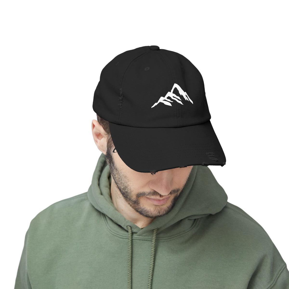 Distressed Mountain Hat — Minimal White Peak Embroidered Cap Hats Printify