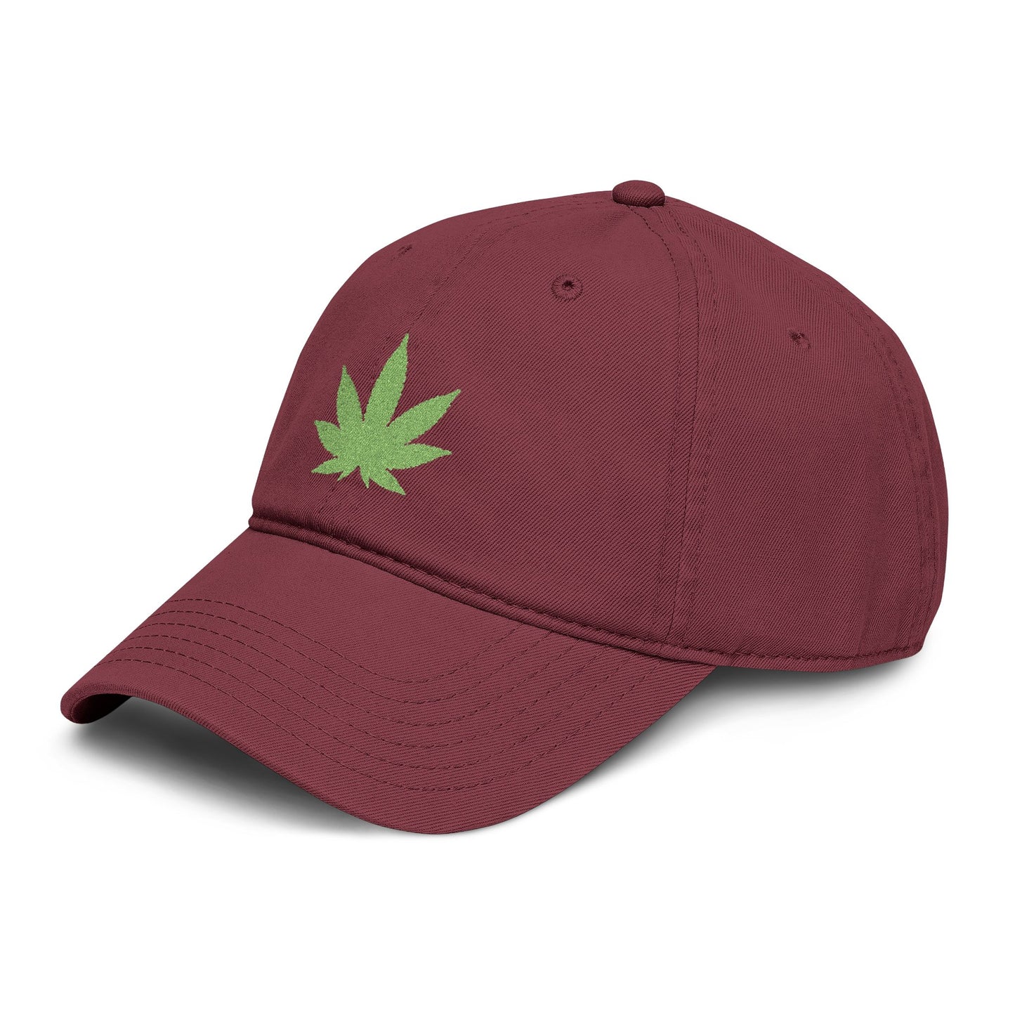 Washed Baseball Cap with Green Glitter Cannabis Leaf Embroidery