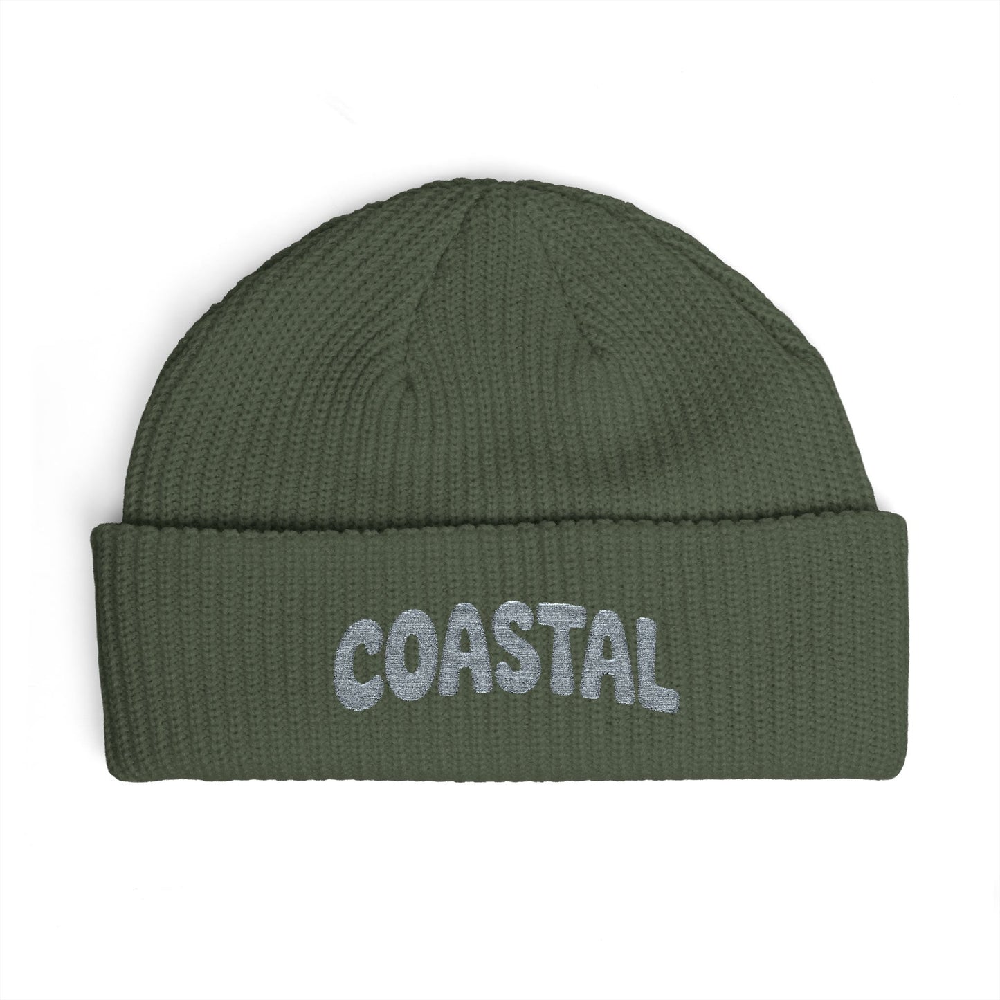 Coastal Cuff Beanie — Knit Winter Hat with 'COASTAL' Embroidered Seaglass Script Hats Printify One size Cypress