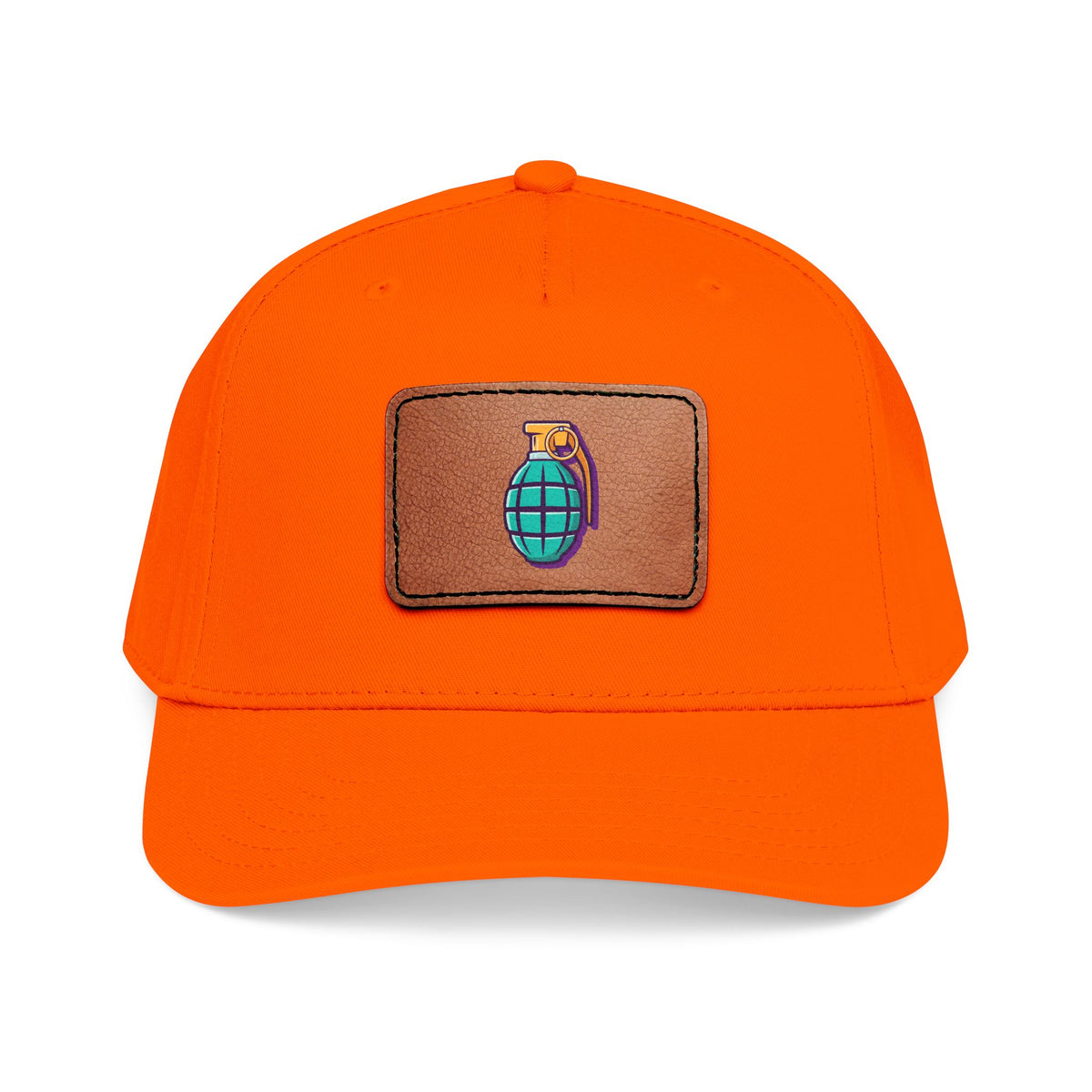Leather Patch Baseball Cap — Retro Grenade Patch Hat Hats Printify One size Neon Orange / Light Brown patch Rectangle