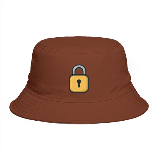 Lock Icon Bucket Hat — Minimal Brown Secure Padlock Embroidered Hat