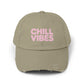 Chill Vibes Distressed Cap — Pink Text Casual Baseball Hat Hats Printify Light Olive One size
