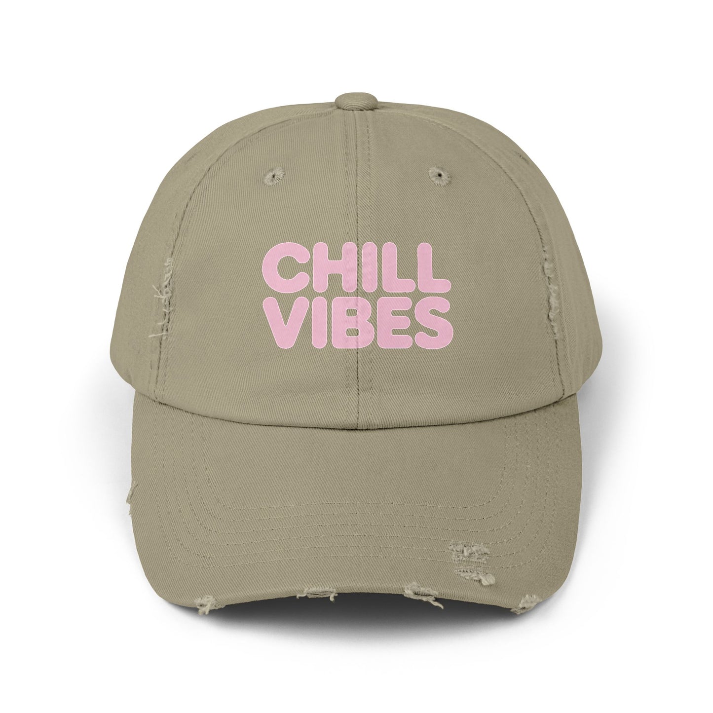 Chill Vibes Distressed Cap — Pink Text Casual Baseball Hat Hats Printify Light Olive One size