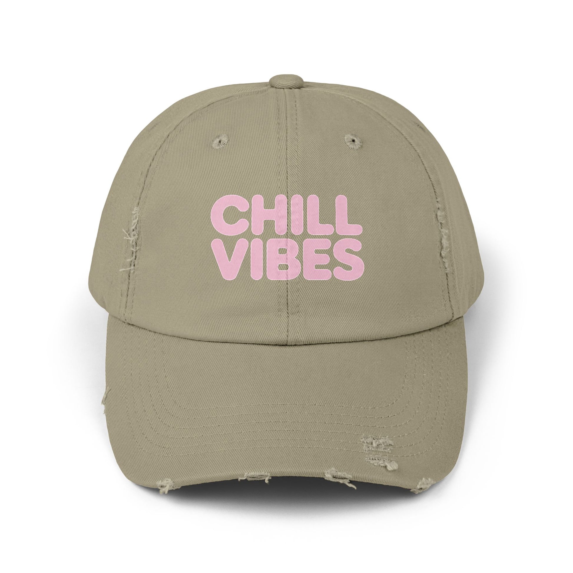 Chill Vibes Distressed Cap — Pink Text Casual Baseball Hat Hats Printify Light Olive One size