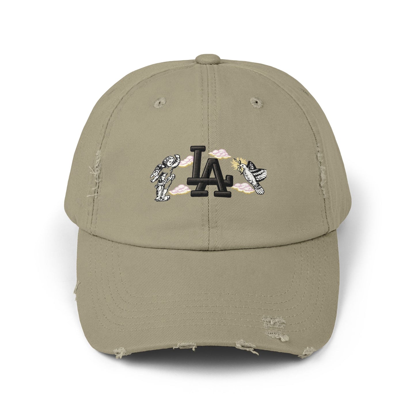 Distressed Baseball Cap — LA Logo with Angel Wings & Clouds Hats Printify Light Olive One size