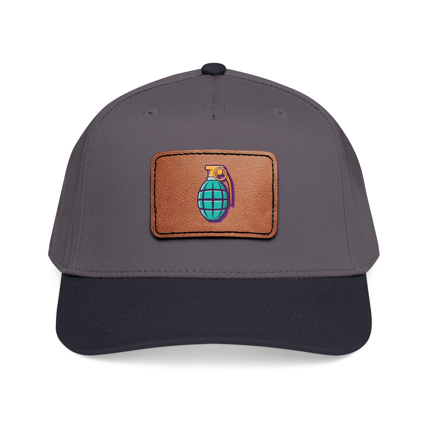 Leather Patch Baseball Cap — Retro Grenade Patch Hat Hats Printify One size Black / Charcoal Grey / Light Brown patch Rectangle