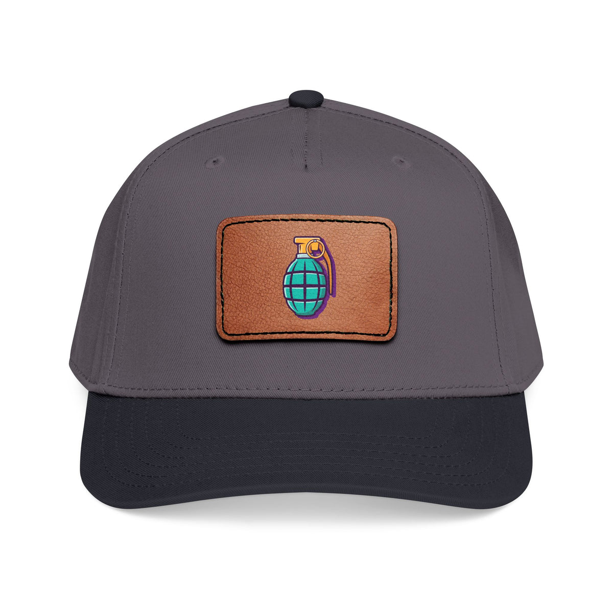 Leather Patch Baseball Cap — Retro Grenade Patch Hat Hats Printify One size Black / Charcoal Grey / Light Brown patch Rectangle