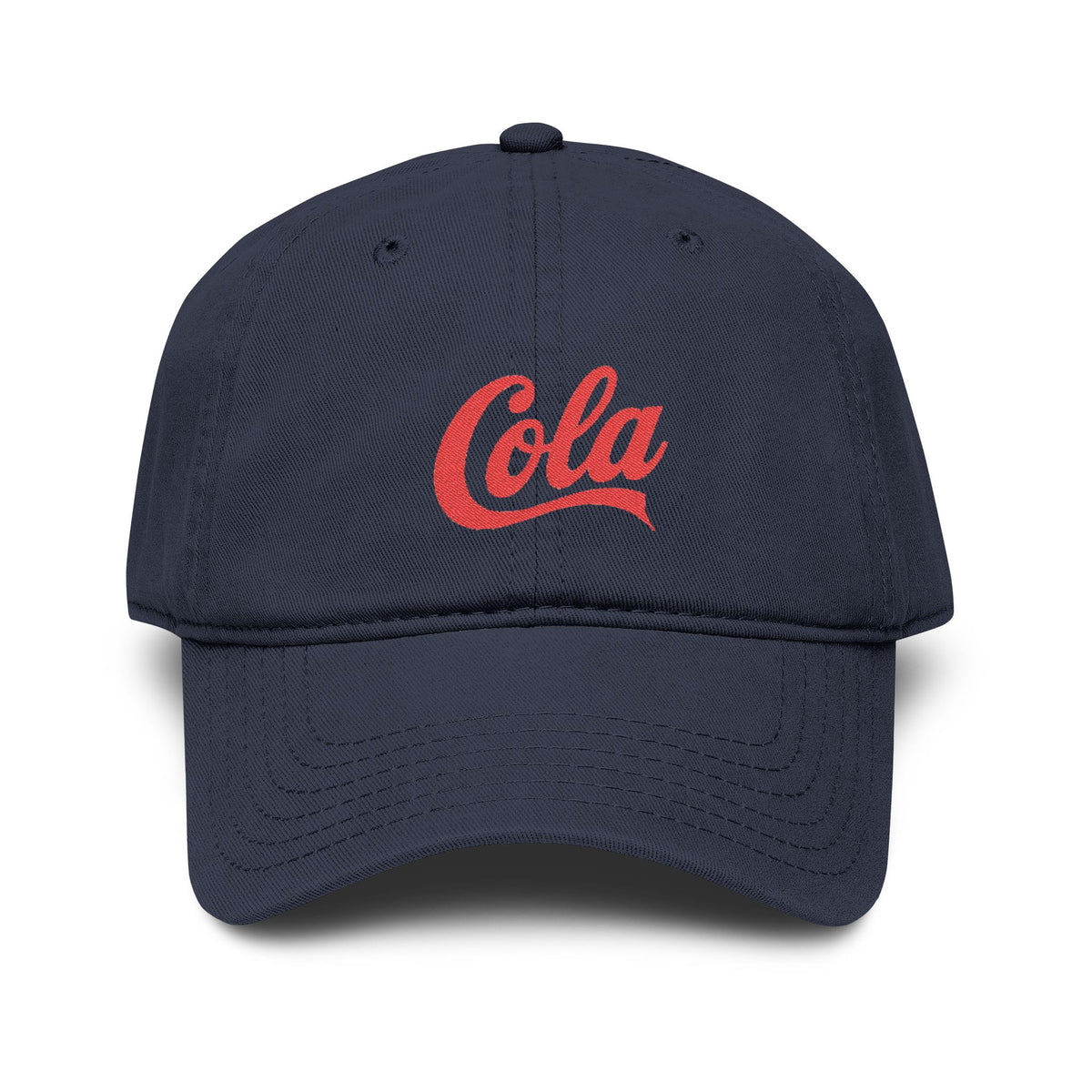 Washed Cotton Baseball Cap with Retro "Cola" Script Embroidery Hats Printify One size Navy