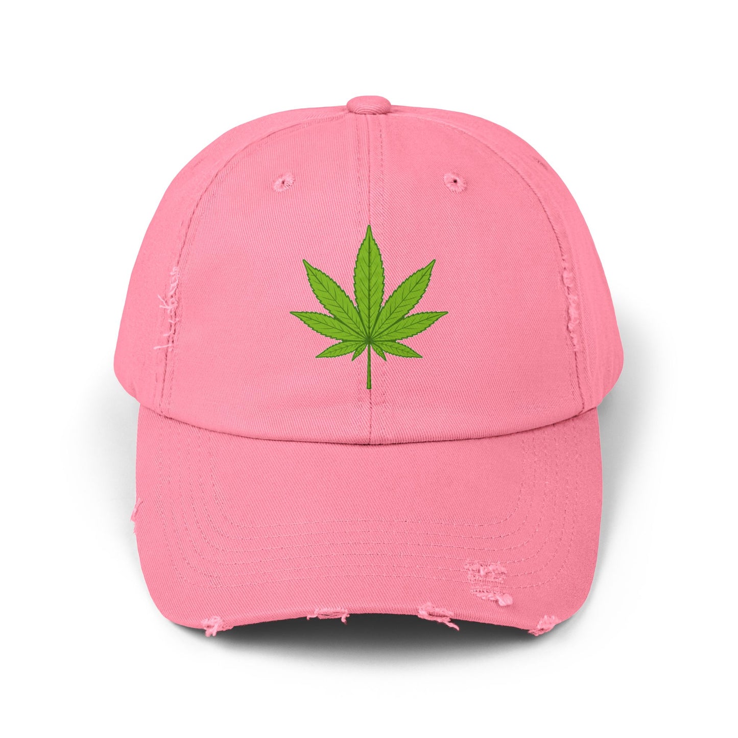 Distressed Black Cap with Green Cannabis Leaf Embroidery Hats Printify True Pink One size