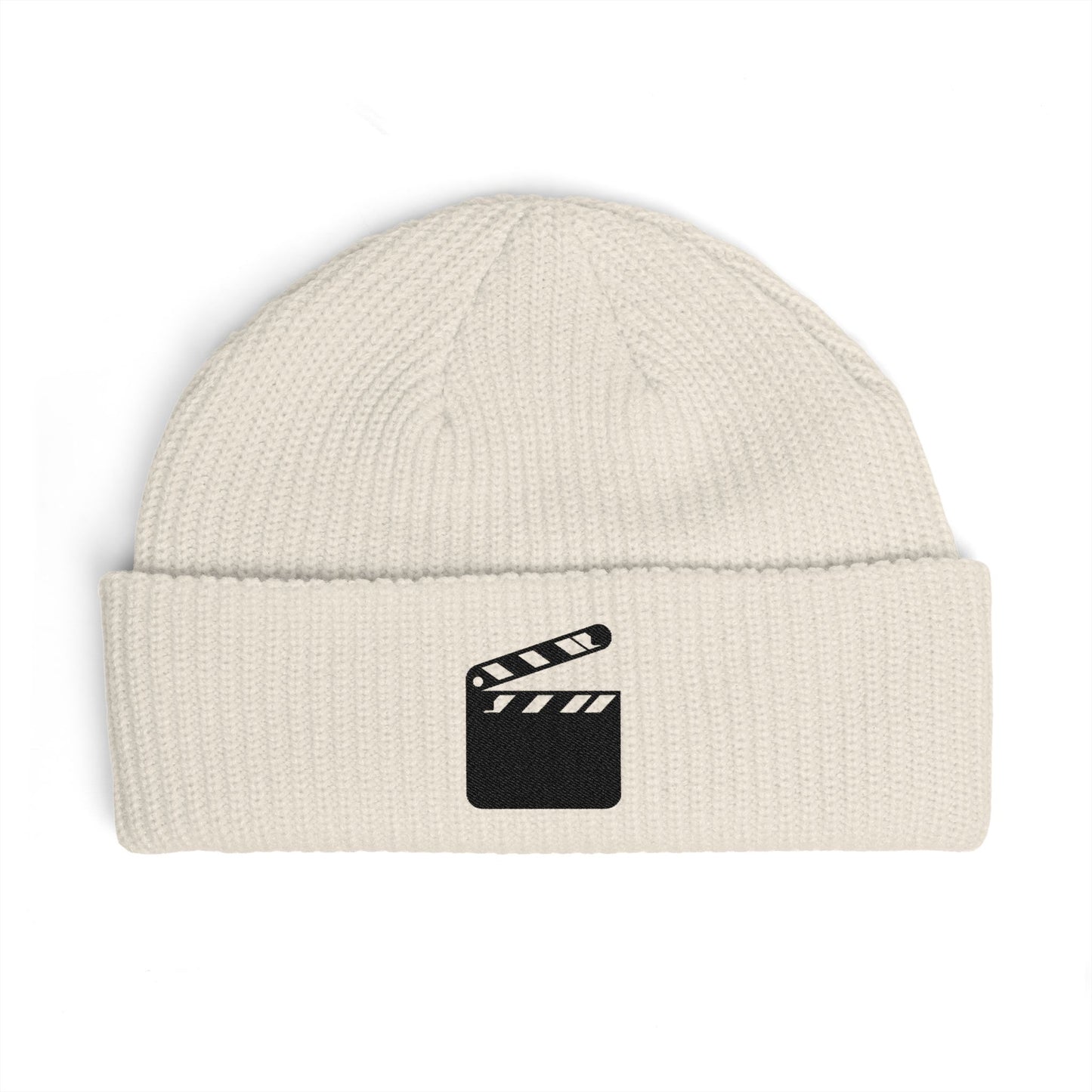 Film Clapper Cuff Beanie — Embroidered Movie Crew Knit Hat Hats Printify One size Ecru