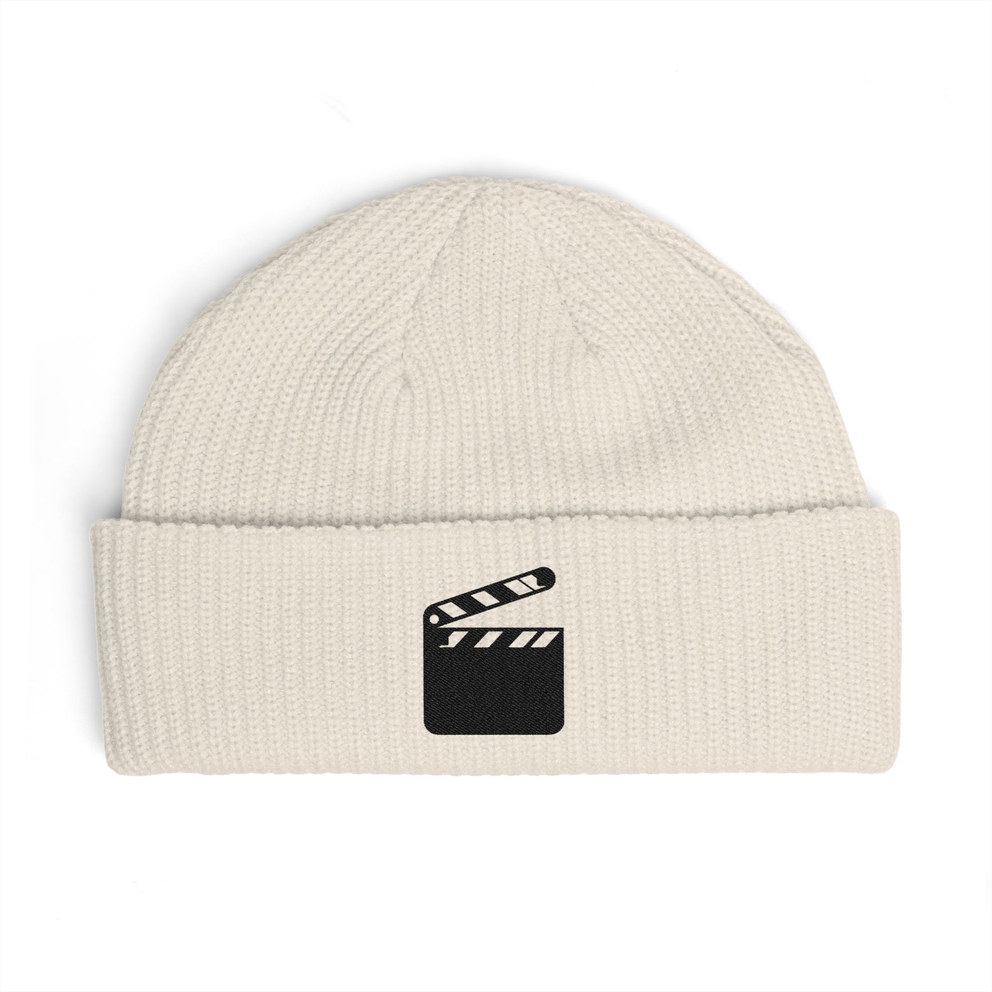 Film Clapper Cuff Beanie — Embroidered Movie Crew Knit Hat Hats Printify One size Ecru