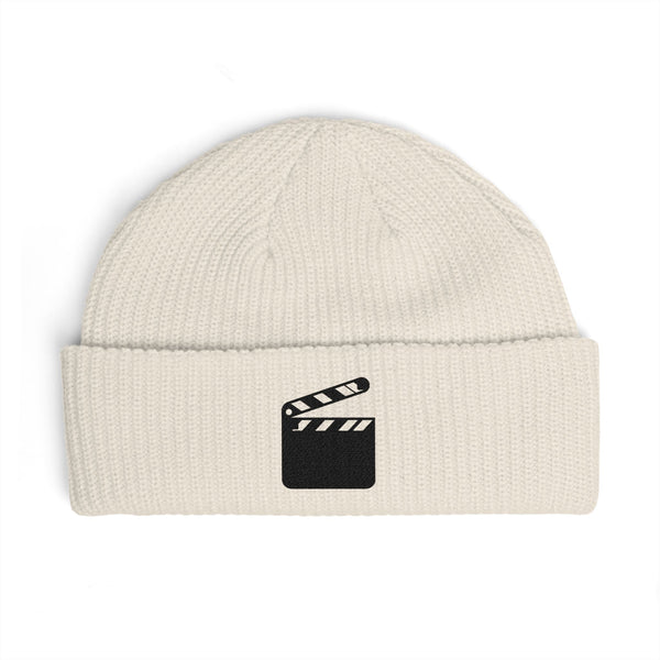 Film Clapper Cuff Beanie — Embroidered Movie Crew Knit Hat Hats Printify One size Ecru