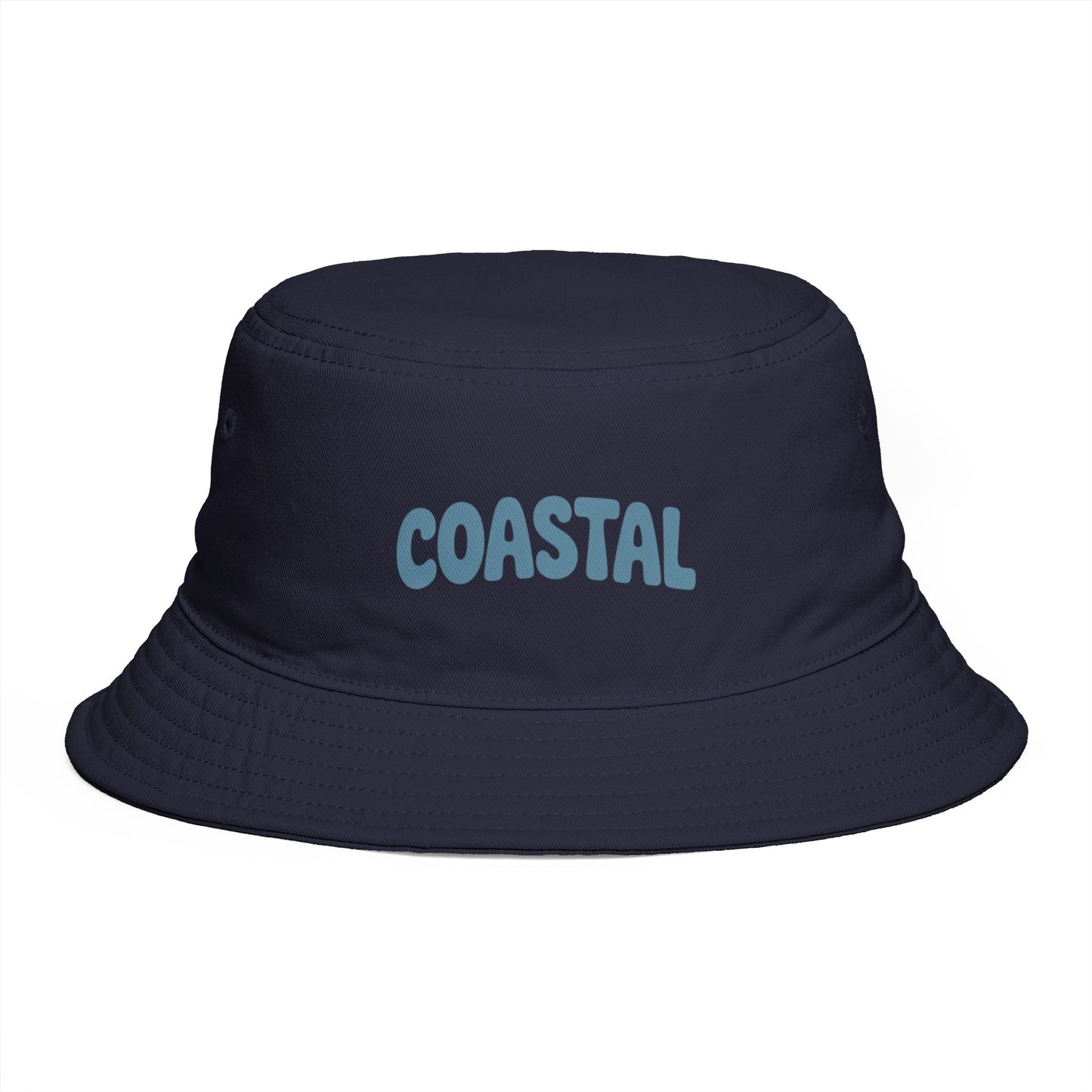 Coastal Bucket Hat — Brown Beach Sun Hat with 'COASTAL' Retro Text Hats Printify One size Navy