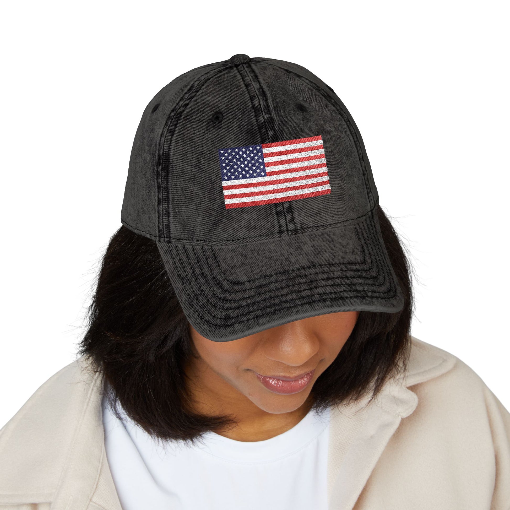 Vintage Washed Dad Hat with Embroidered American Flag — Patriotic Cap for 4th of July & Everyday Wear Hats Printify