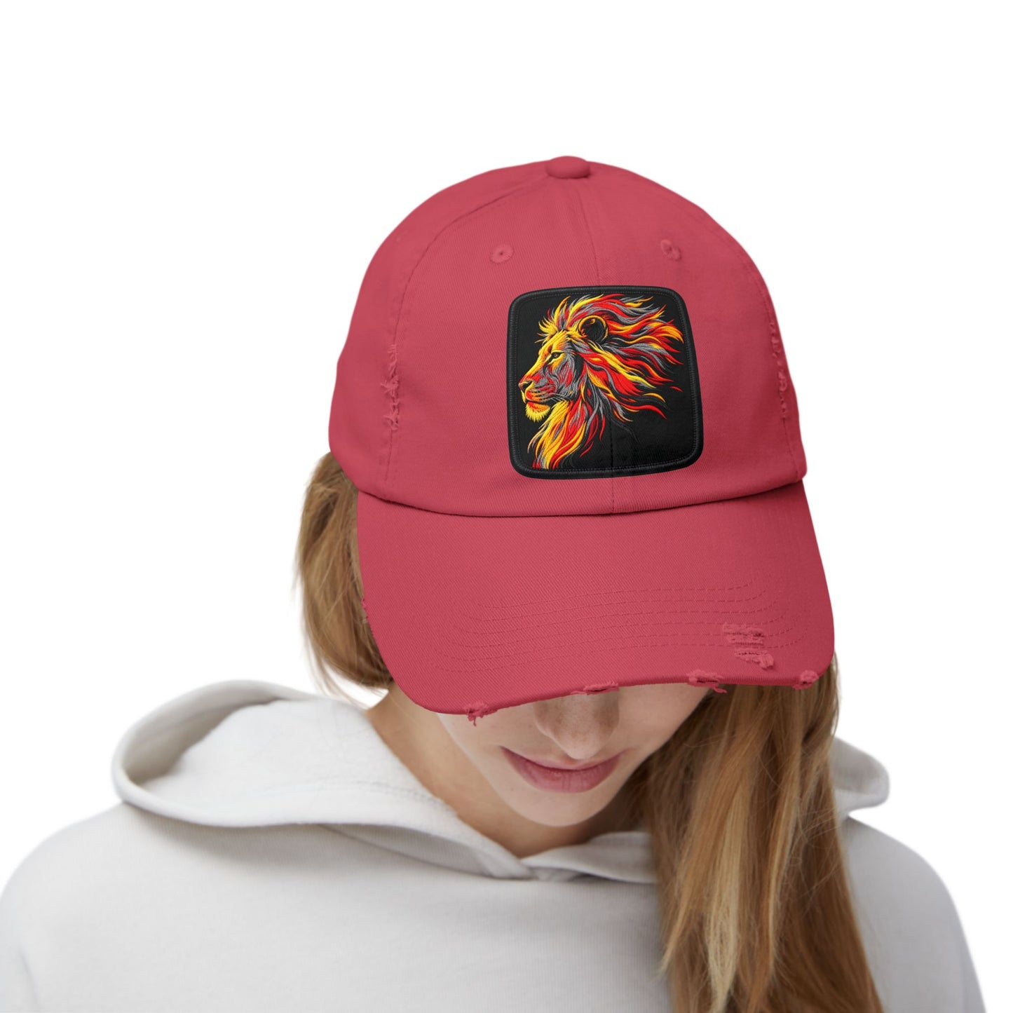 Distressed Cap — Vibrant Flame Lion Embroidered Baseball Hat