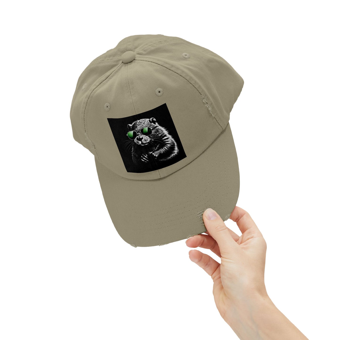 Distressed Cap — Cool Raccoon with Green Sunglasses Hat