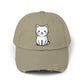 Distressed Black Cap with Cute White Cat Graphic Hats Printify Light Olive One size