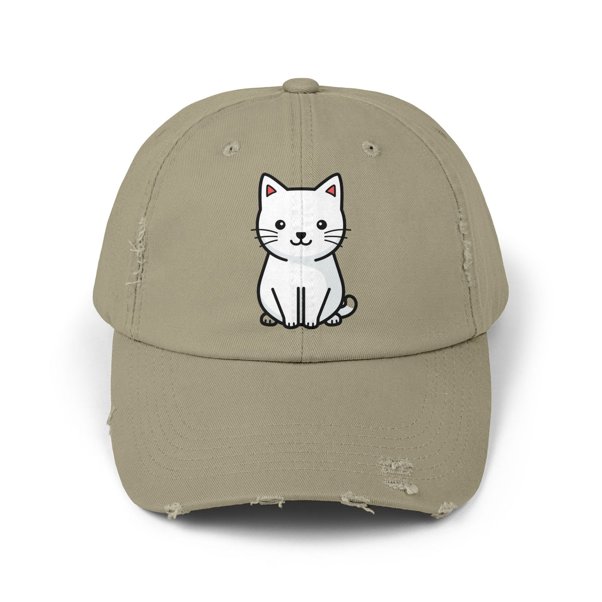 Distressed Black Cap with Cute White Cat Graphic Hats Printify Light Olive One size