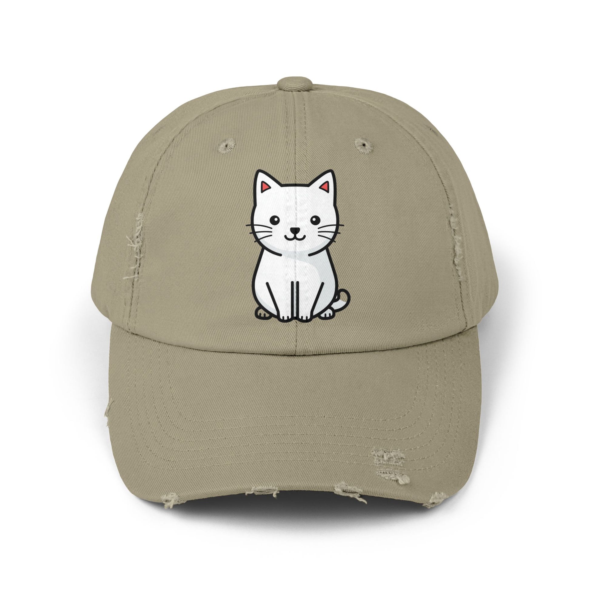Distressed Black Cap with Cute White Cat Graphic Hats Printify Light Olive One size