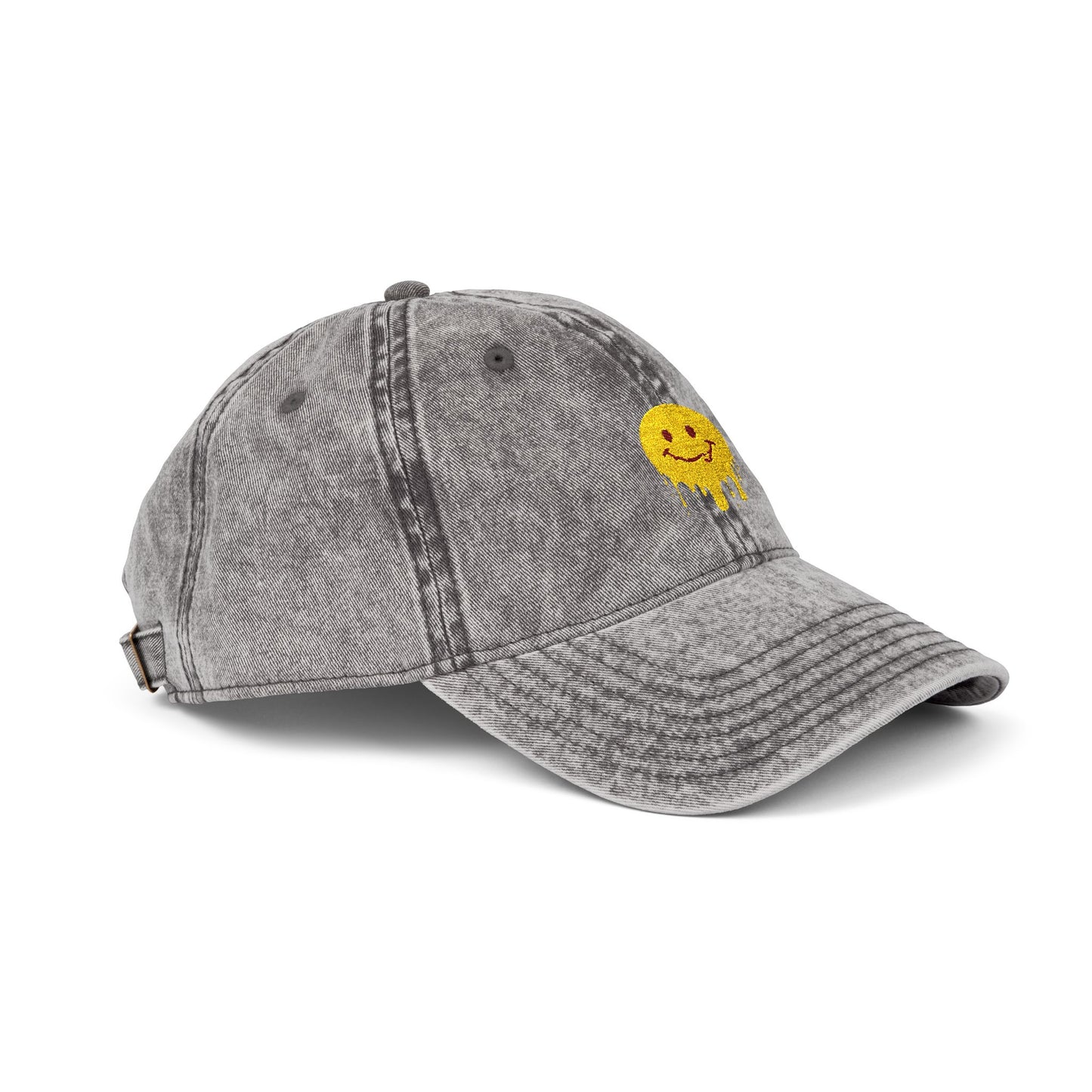 Embroidered Vintage Cap — Dripping Yellow Smiley Face Hat Hats Printify