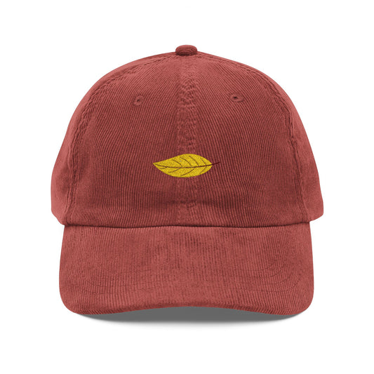 Embroidered Golden Leaf Corduroy Cap — Vintage Casual Hat Hats Printify Burgundy One size