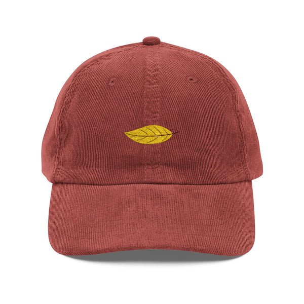 Embroidered Golden Leaf Corduroy Cap — Vintage Casual Hat Hats Printify Burgundy One size