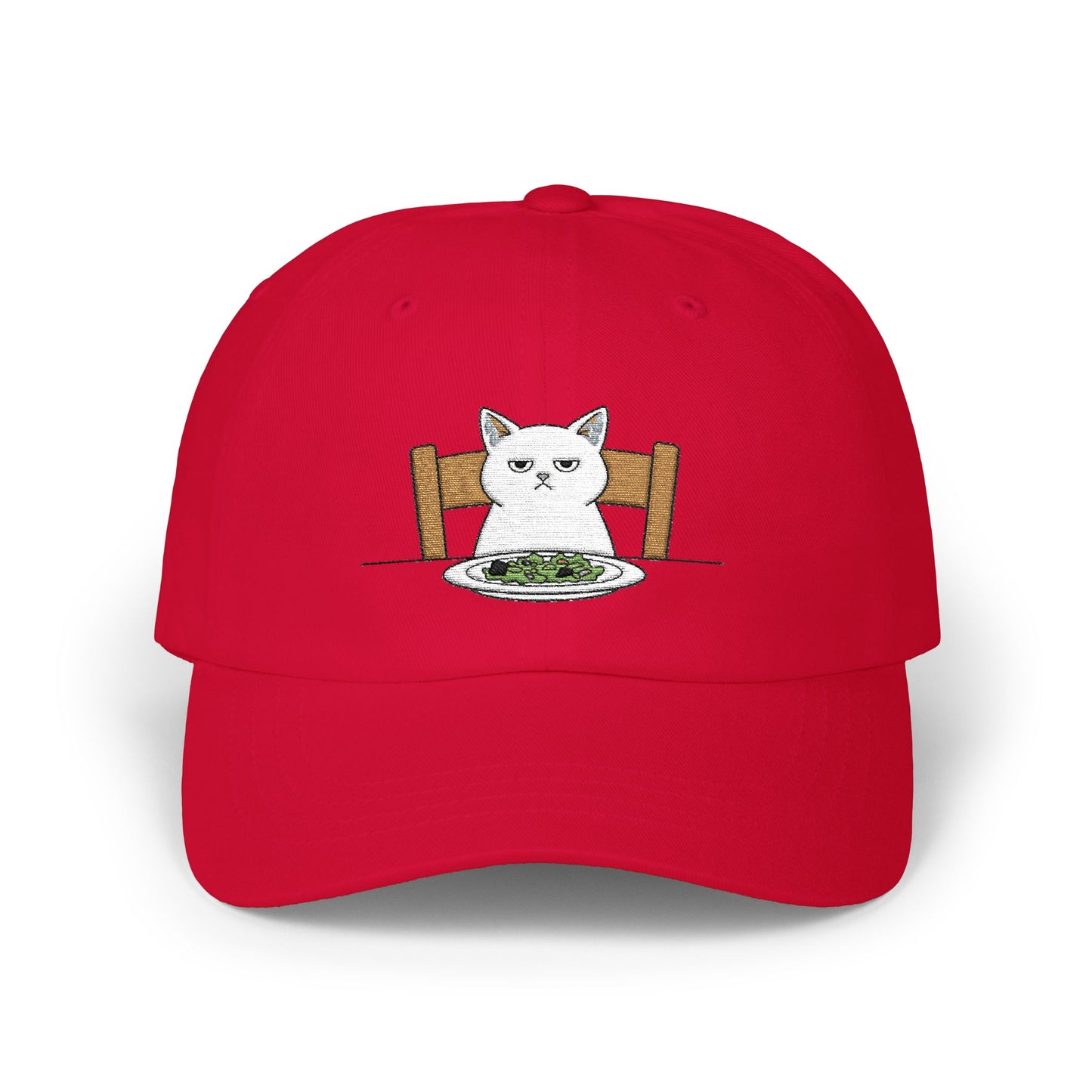 Dad Cap — Grumpy Cat at Dinner Embroidered Hat Hats Printify Cranberry One size