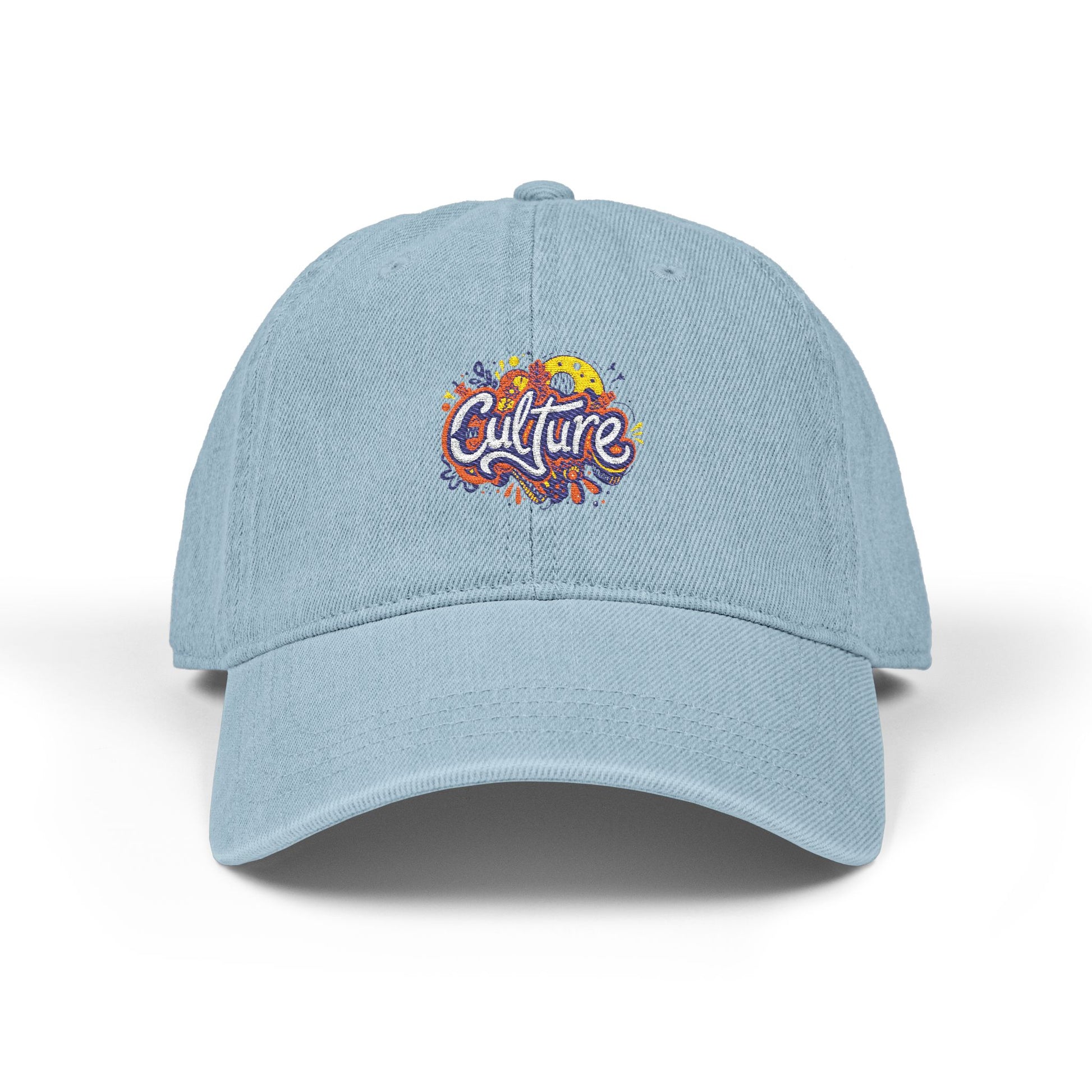 Embroidered Denim Hat — Colorful "Culture" Floral Logo Cap Hats Printify One size Light Blue