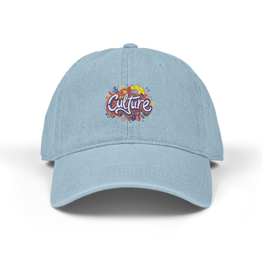 Embroidered Denim Hat — Colorful "Culture" Floral Logo Cap Hats Printify One size Light Blue